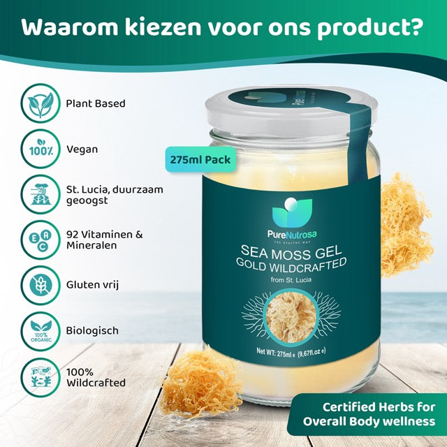 Sea moss superfood Nederland en Belgie, vers duurzaam zeewier biologisch online seamoss kopen Een pot van Pure Nutrosa Seamossgel zeemosgel met de woorden "waarom kiezen voor ons product". Een natuurlijke boost voor je gezondheid. #glutenvrij, #vegan, #92vitaminen&mineralen#plantbased